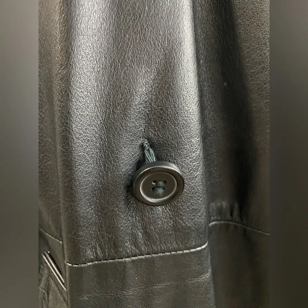 Wilson’s Blk Leather Double Breasted Belted Button Up Full Length Trench Coat M - Picture 9 of 14